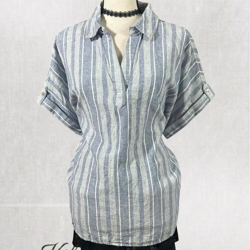 Preppy Vertical Stripe Gray Office Style Button Up Top